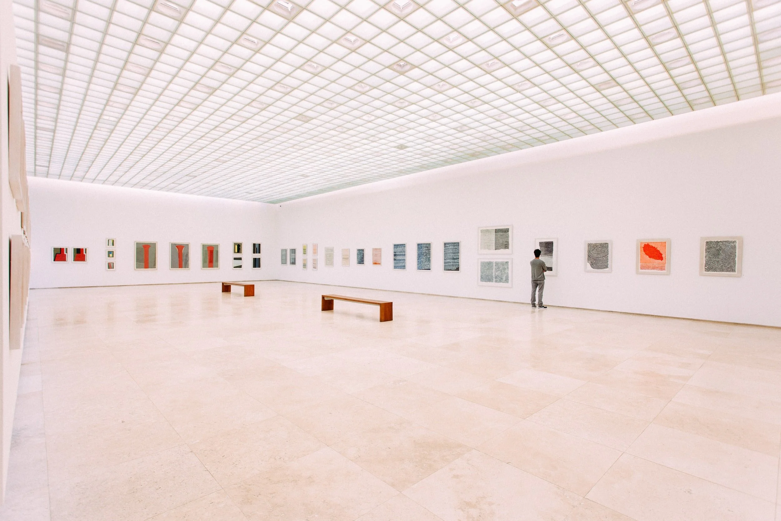 Modern art gallery with white walls